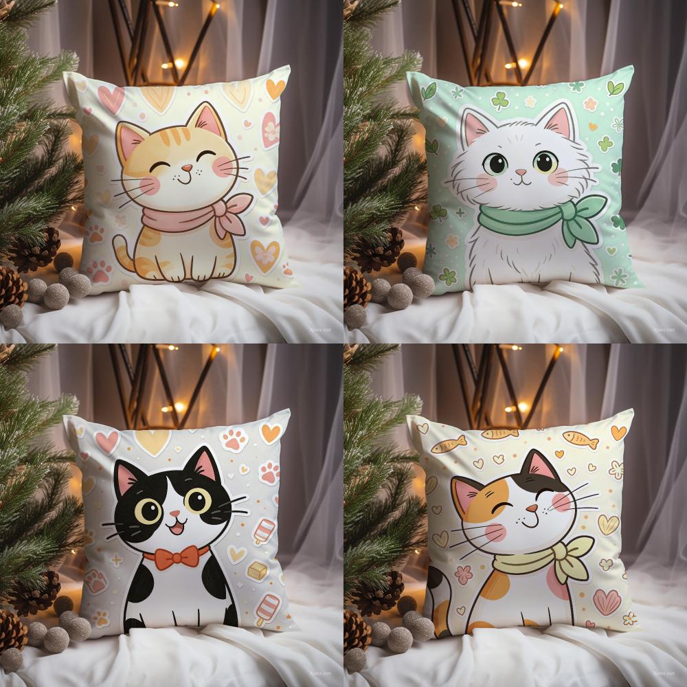 Interior Design Illustrated - Sevimli Kedi İllüstrasyonlu Minder Kılıfı -